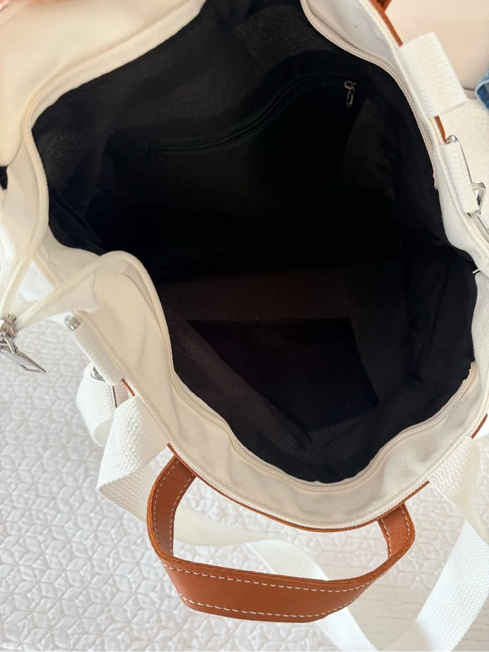 Sugarlips White Canvas Tote with Brown Trim and Black Logo